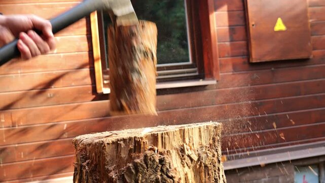 man chops wood with an axe in the street against a wooden house background. Solid heating fuel.Preparing firewood for the heating season.Natural source of heat and heating of the house. 4k footage