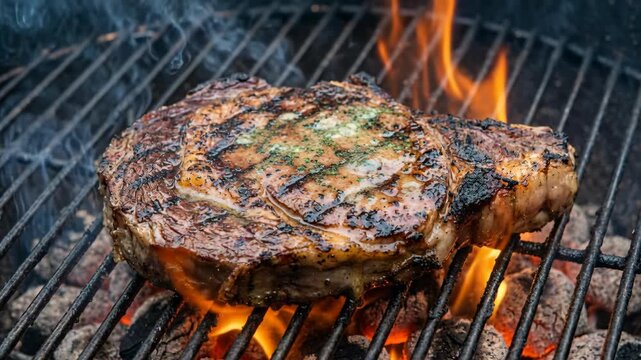 Close-up view of a thick ribeye steak grilling over hot coals. Flames and smoke rise from the barbecue as the meat sears to perfection