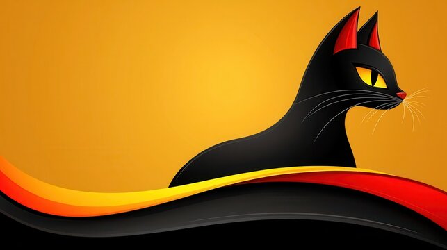Halloween Black Cat with Red Eyes on Orange Wavy Background