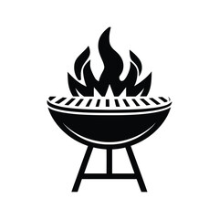 Black silhouette barbecue with fire is ready on the grill, available on white background