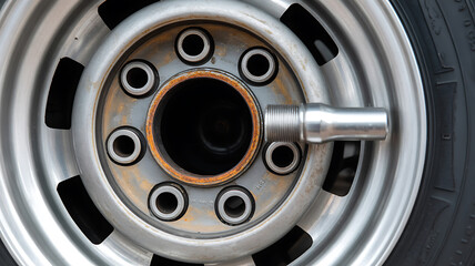Close-up of a car wheel hub with lug nuts and a valve stem, highlighting metallic texture and mechanical details