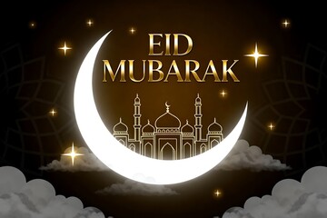 Eid al-Fitr Mubarak Illustration with Crescent Moon and Mosque