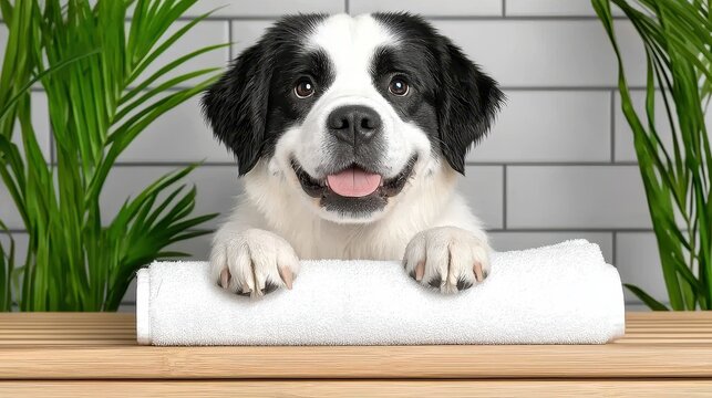 Happy Wet Saint Bernard Puppy with White Towel and Green Plants