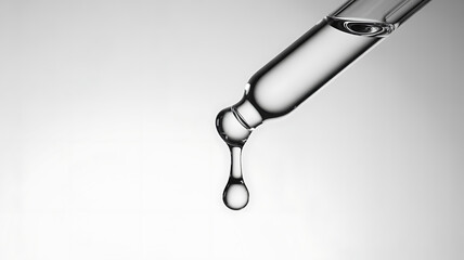 The precise moment a pure, transparent liquid droplet detaches from a glass pipette, highlighting scientific accuracy and purity for various applications