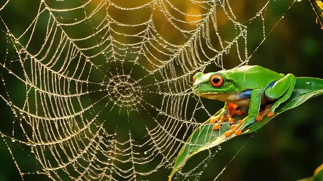 Red-eyed tree frog, agalychnis callidryas, sitting on a leaf, next to a spider web covered in dew drops, in motion, dynamic footage, clip