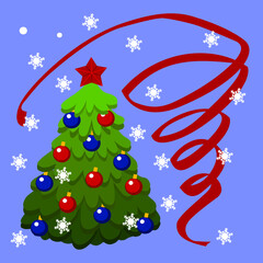 Illustration of a decorated Christmas tree on a blue background. Element for your design.
