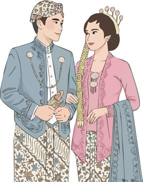 Vector illustration of a traditional Javanese wedding couple from Indonesia. Bride and groom wearing kebaya, beskap, and batik sarong with cultural accessories in a romantic pose.
