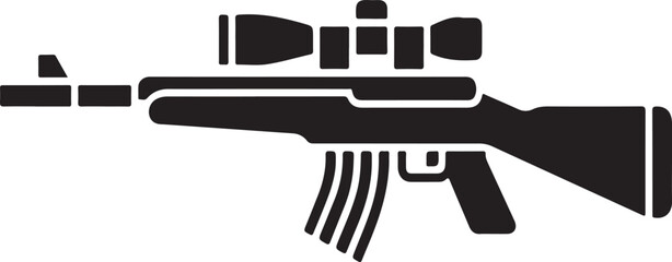 Black silhouette of a rifle with a scope and magazine on a white background firearm