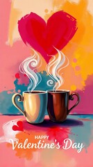 Painting of two steaming coffee cups on a vibrant background with a red heart shape and 'Happy Valentine's Day' sign