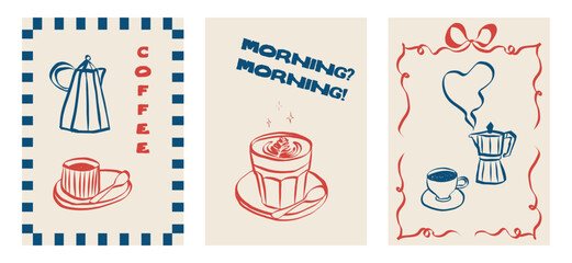 Whimsical cafe doodles featuring coffee cups and breakfast items. Sketch style icons including latte, espresso and cappuccino. Ideal for menu design, branding or retro posters. Vector illustration