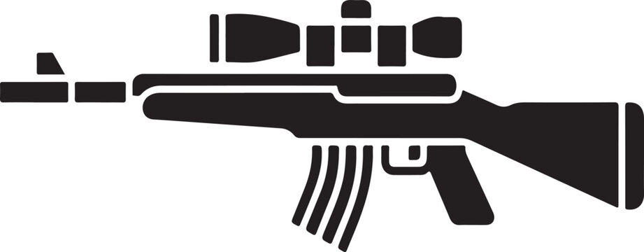 Black silhouette of a rifle with a scope and magazine on a white background firearm
