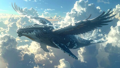 A majestic winged whale soars gracefully through a bright, cloudy sky, a fantastical creature in an ethereal dreamscape.