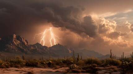 Dramatic Desert Lightning Storm Over Saguaro Cactus Landscape.