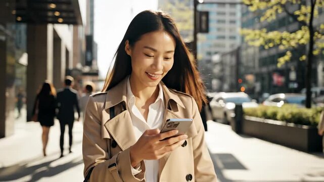 Woman in a trench coat uses a phone, walking down an urban sidewalk, sunlight