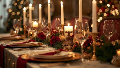 Elegant Christmas dinner table setting with candles and roses