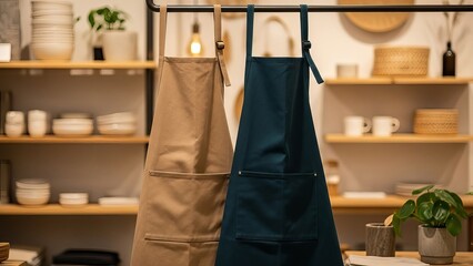 Beige and dark blue aprons hanging on a rack in a retail store or workshop setting