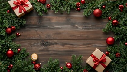 Festive Christmas scene with gifts and decorations on wooden table