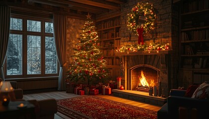 Cozy living room with Christmas tree and fireplace on a snowy night