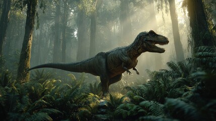 breathtaking cinematic wide shot of a Tyrannosaurus Rex in a misty prehistoric jungle, dramatic golden hour light filtering through giant ferns, serene but tense atmosphere