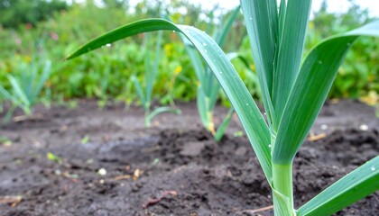 Obraz premium Fresh garlic sprouts in a garden bed