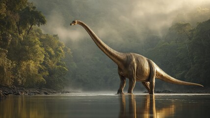 breathtaking shot of a colossal Brachiosaurus drinking from a wide, serene river, its long neck reaching high above the canopy, its reflection clear on the water's surface, golden hour light