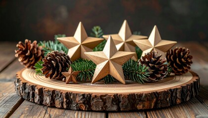 Natural Christmas decoration with wooden stars, pine cones, and evergreen branches on a wood slice.