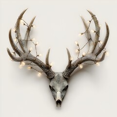 Fototapeta premium Deer skull adorned with glowing fairy lights on a white wall creating a unique and festive holiday decoration and art installation.
