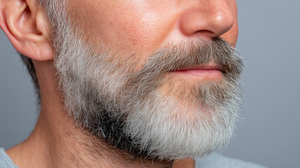 Fototapeta premium Close up of mature man with grey and white beard, showing delicate facial hair detail and healthy skin texture, natural aging, and calm expression