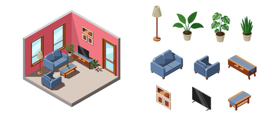 Isometric living room. Living room interior. TV with sofa, table, and other living room equipment. Isometric home furniture. Isometric home room