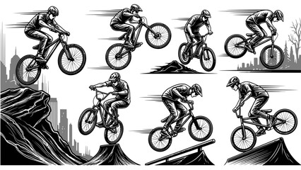 Obraz premium Extreme Mountain Biking Action Vector Set, Sketch Style Cyclists Performing Tricks and Riding Fast