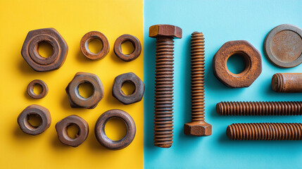 Rusty metal nuts, bolts, and washers arranged in flat lay on vibrant yellow and blue background, industrial hardware, aged texture, creative composition, vintage mood