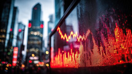A vibrant city scene showcasing a digital stock market display against skyscrapers with a dramatic red line graph, emphasizing urban finance and technology.