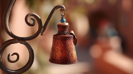 Handcrafted Moroccan leather bell with traditional patterns, reflecting Marrakech's vibrant culture and connection to the Marrakech International Marathon in Morocco