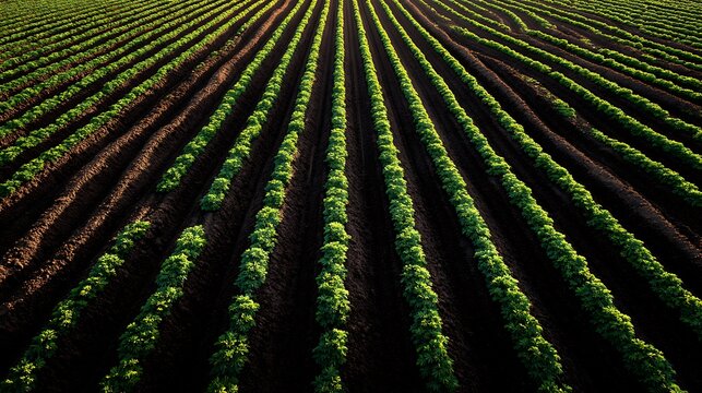 Rows of Young Peanut Plants in Field, Agriculture View