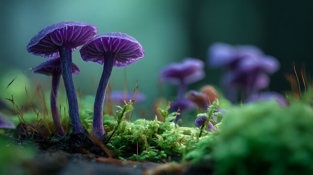 Amethyst Deceiver Mushrooms Growing Among Mossy Green Ground