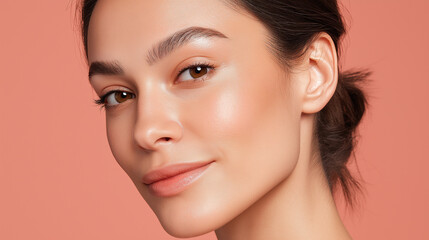 Fototapeta premium Sun kissed glass skin with warm highlights natural makeup smooth complexion pastel coral background healthy glow soft lighting youthful serene expression