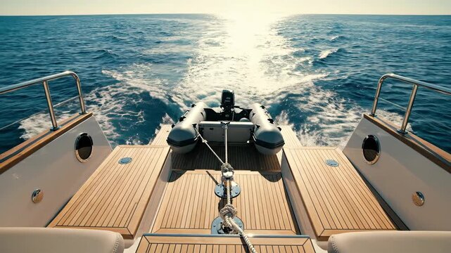Luxury Yacht Cruising at Sunset with Inflatable Dinghy on Deck.