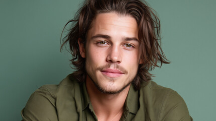 Fototapeta premium Natural oily radiance across male temples pastel sage green background relaxed expression casual style long brown hair youthful adult stubble direct gaze