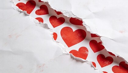 Ripped White Paper Background Revealing Vibrant Red Heart Pattern Underneath with Textured Edges for Creative Use