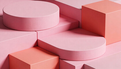 Stacked Geometric Shapes in Soft Shades of Rose Pink and Coral Creating a Harmonious Visual Composition