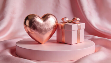 Elegant 3D Gold Heart and Blush Pink Gift Box Mockup on Soft Flowing Fabric Podium for Romantic Occasions and Gifts