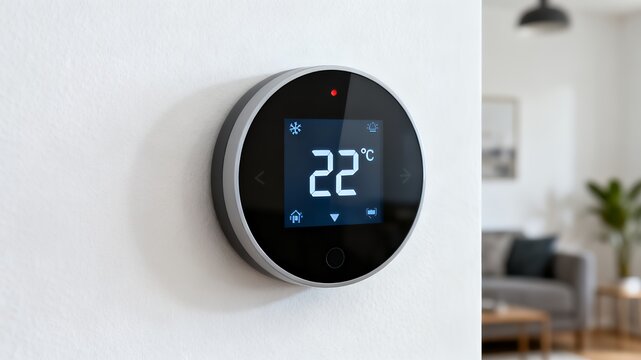 Smart home thermostat displaying temperature, representing energy efficiency and climate control. - Powered by Adobe