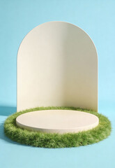 Modern Flat Podium Design with Grass Patch in a Bright Airy Studio Setting for Creative Displays and Presentations