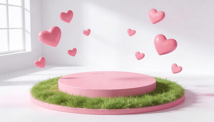 Floating Pink Hearts Above a Flat Podium Surrounded by Lush Green Grass in a Bright, Airy Studio Setting
