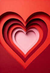 Artistic Layered Paper Cut Heart Shapes with Depth and Tunnel Effect in Vibrant Shades of Red and Pink Background