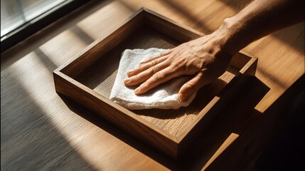 Hand cleaning a wooden drawer with a white cloth in sunlight.