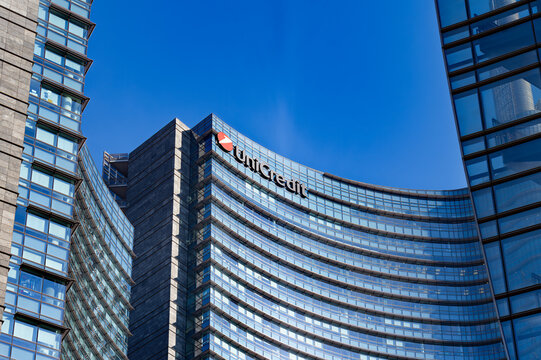 Milan, Italy - December 9, 2025:  Modern glass skyscraper of UniCredit headquarters