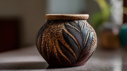 Handcrafted Ceramic Pot with Intricate Carvings and Earthy Tones.
