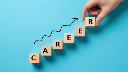 Hand arranging career growth blocks with upward arrow on blue background.