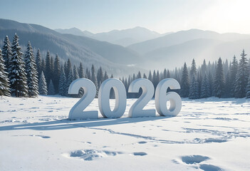 New Year 2026 Snow Text in Winter Mountain Landscape